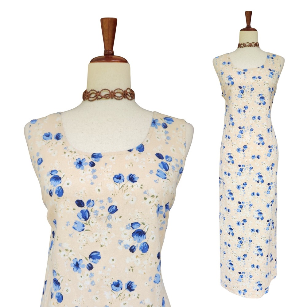 Vintage 90s Maxi Dress SZ L White Floral Cottagecore Grunge Indie Fairy Feminine